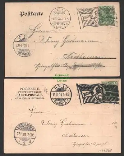 144848 2 AK Halle Saale 1905 Poststrasse Justizgebäude Marktplatz 1904 Flaggenst