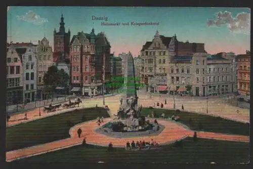 144583 Ansichtskarte Danzig Holzmarkt und Kriegerdenkmal 1916 Feldpost