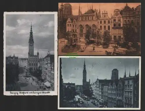 144798 3 Ansichtskarte Danzig Langermarkt u. Rathaus 1940 Feldpost 1942 Börse um 1920