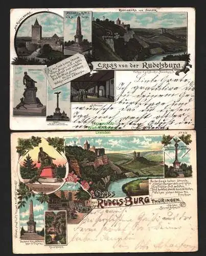 144237 2 Ansichtskarte Rudelsburg Saaleck Litho 1900 Bismarck Denkmal Burghof 1898