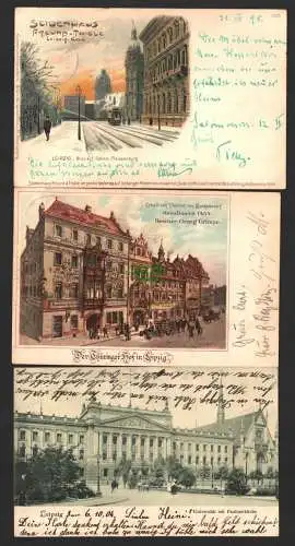 144373 3 Ansichtskarte Leipzig 1898 Winterlitho Pleissenburg Seidenhaus Freund u. Th. Hotel