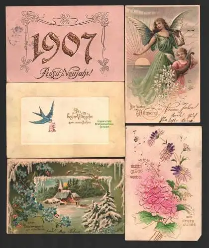 144363 5 Ansichtskarte Neujahr Blumen gepräft 1906 Engel 1904 Jahreszahl 1907