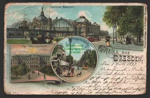 144429 Ansichtskarte Dresden Central Bahnhof Hauptbahnhof Litho 1897