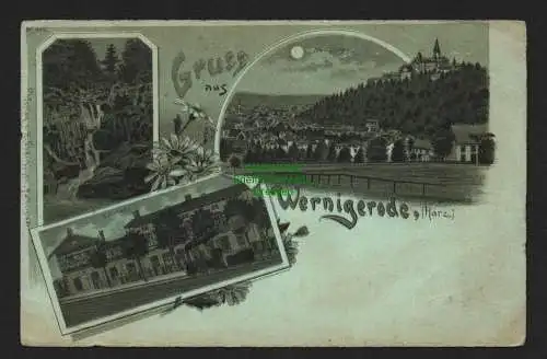 144232 Ansichtskarte Wernigerode Harz Mondscheinlitho um 1900 Bahnhof Stadt Schloss