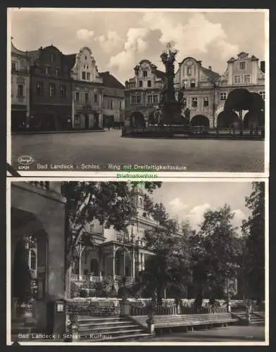 144344 2 Ansichtskarte Bad Landeck Schlesien Ring Dreifaltigkeitssäule Kurhaus 1931