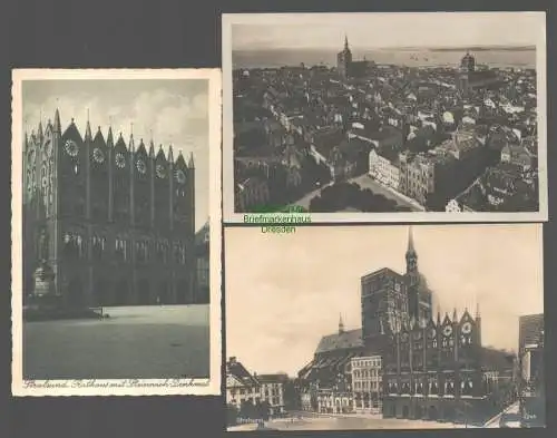 141863 3 Ansichtskarte Stralsund Fotokarte Panorama Vogelschau Rathaus Nicolaikirche Steinw