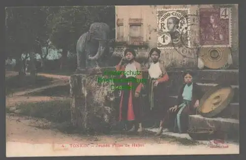 141937 Ansichtskarte Indo Chine Tonkin Junge Mädchen von Hanoi Elefant Statue 1913