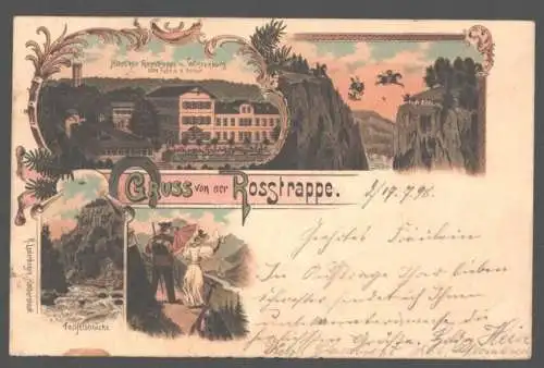 141775 Ansichtskarte Rosstrappe Hotel Litho 1898 Teufelsbrücke Nebenstempel Postbriefkasten