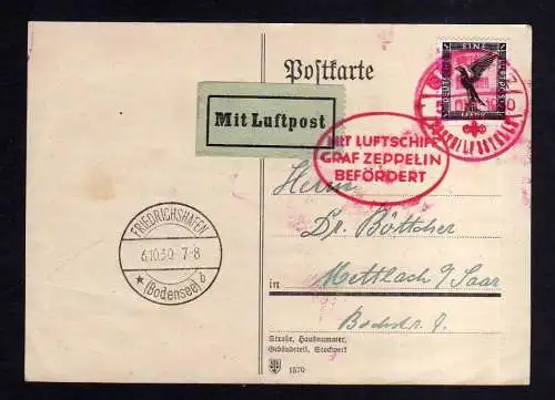 108868 Ansichtskarte Luftpost Zeppelin LZ 127 Görlitz Posthilfsstelle 1930 nach Mettlach üb