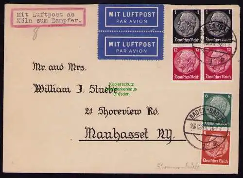 B18718 Brief Deutsches Reich DR Luftpost Baden-Baden nach Manhasset Katapultpost