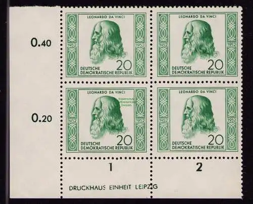 DDR DV 3581 312 DZ im VB Viererblock  ** Persönlichkeiten Leonardo da Vinci 1952