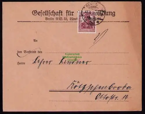 B18707 Brief Deutsches Reich 1921 Vordruck Gesellschaft f Volksbildung Perfin GV