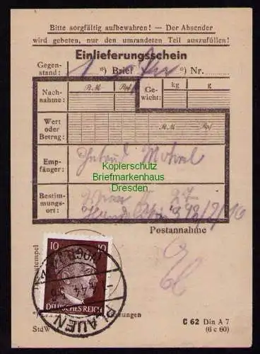 B18681 Deutsches Reich 826 EF Einlieferungsschein Päckchen Plauen 1.4. 1944