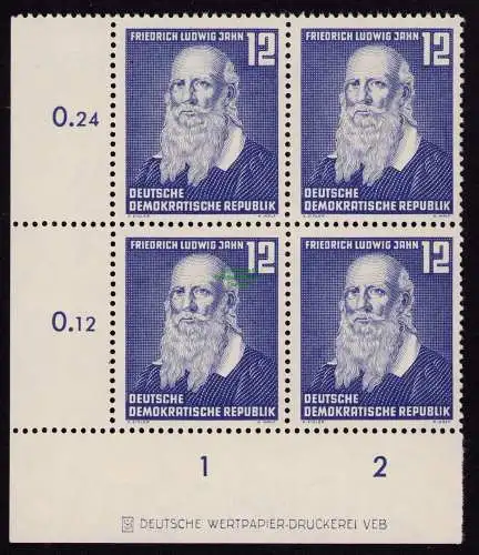 DDR DV 3584 317 DZ im VB Viererblock  ** Friedrich Ludwig Jahn 1952