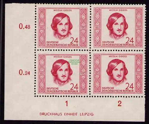 DDR DV 3582 313 DZ im VB Viererblock  ** Persönlichkeiten Nikolaj Gogol 1952