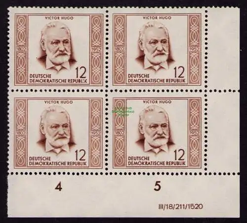 DDR DV 3578 311 DV im VB Viererblock  ** Persönlichkeiten Victor Hugo 1952