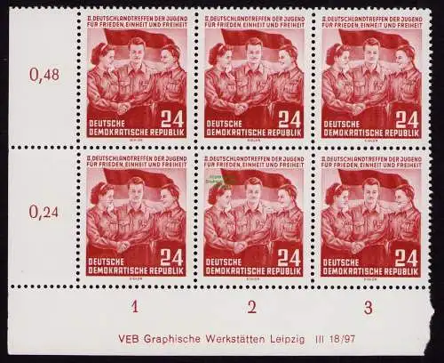 DDR DV 3621 429 YI DZ im 6er-Block  ** Deutschlandtreffen der Jugend 1954