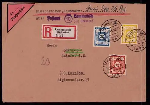 B18695 R-Brief SBZ Ostsachsen Postamt Lommatzsch Bz. Dresden Nachnahme Potsdam