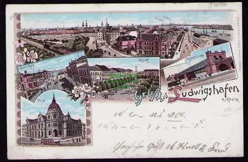 172589 AK  Ludwigshafen am Rhein 1899 Litho Bahnhof Markt Rheinbrücke Panorama