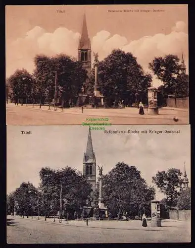 172396 2 AK  Tilsit um 1915 Reformierte Kirche mit Krieger Denkmal