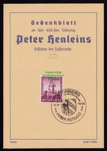 B18594 Deutsches Reich Gedenkblatt SST Nürnberg Peter Henlein 1942  Mi. 819