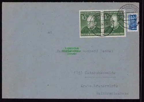 B18571 BRD Deutschland 1953 Brief Mi. 157 Helfer der Menschheit  Hankensbüttel