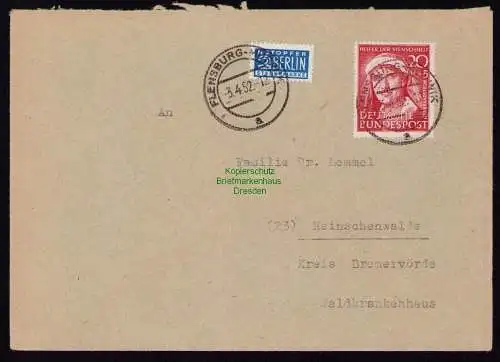 B18565 BRD Deutschland 1952 Brief Mi. 145 Helfer der Menschheit Flensburg Mürwik