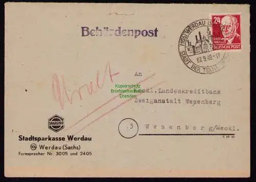 B18520 Brief Werdau Sachs.  1949  SST Stadt der Textil Industrie Behördenpost