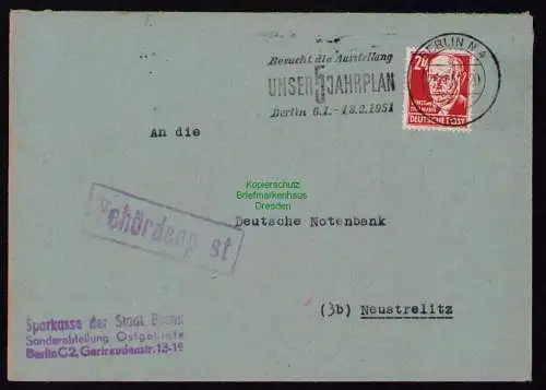 B18519 Brief Berlin N 4 1951  Werbestempel unser 5 Jahrpalan Behördenpost