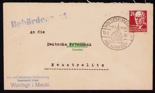 B18508 Brief Woldegk 1950  SST 700 Jahrfeier Behördenpost