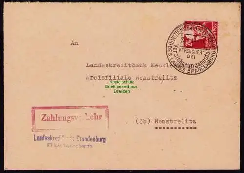 B18505 Brief Wittenberge BZ Potsdam 1949  SST Versicherungsanstalt Zahlungsverk