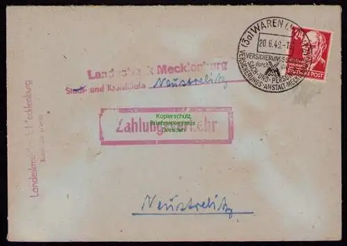 B18498 Brief Waren Müritz 1949  SST Versicherungsanstalt Zahlungsverkehr