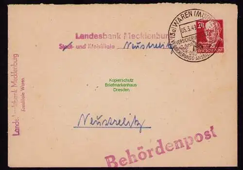 B18497 Brief Waren Müritz 1949  SST Versicherungsanstalt Behördenpost