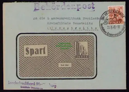 B18493 Brief Ueckermünde 1948 SST Revolutions Erinnerungsjahr 1848 - 1948 Behör