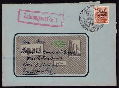 B18475 Brief Torgelow 1949  SST Versicherungsanstalt Zahlungsverkehr