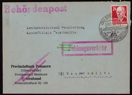 B18422 Brief Stralsund 1949  SST Versicherungsanstalt Behördenpost Zahlungsverke