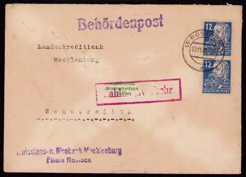 B18411 Brief Rostock 1949   Behördenpost Zahlungsverkehr