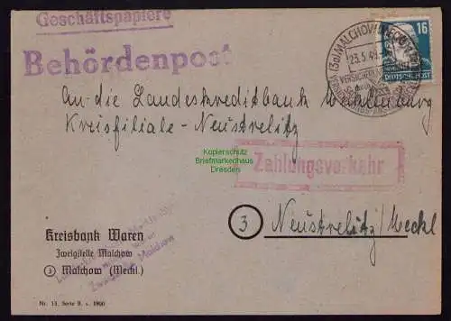 B18393 Brief Malchow Kreisbank Waren 1949 SST Versicherungsanstalt Behördenpost