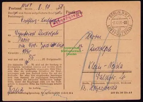 B18269 Berlin NW 7 Luftpoststelle Gebührenkarte Nachgebühr  1958 Klein Neida