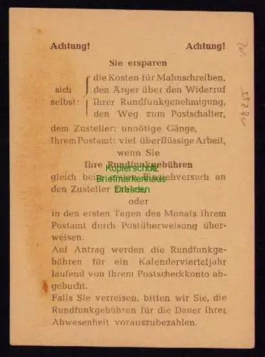 B18255 Empfangsbescheinigung für Rundfunkgebühren Zettel 10,5 x 7,6 cm 1955