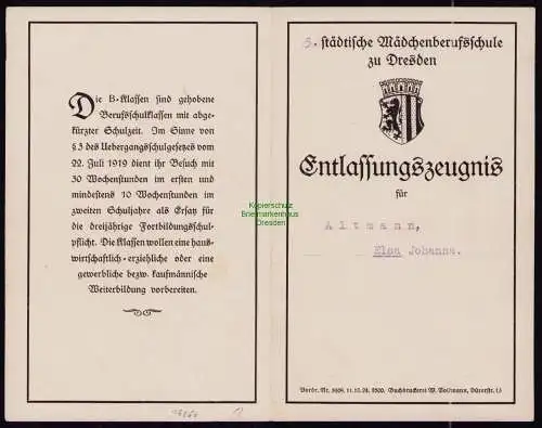 B18250 Dresden Mädchenberufsschule Klappkarte 1925 Entlassungszeugnis Klappkarte