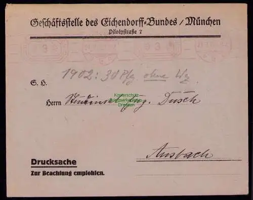 B18241 München Brief  21.3.25 1925 Eichendorff Bund Drucksache Freistempel Brief