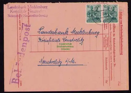 B18222 Neustrelitz  Brief  26.7.47 1947  Mi. 2x 949 MeF Behördenpost Brief