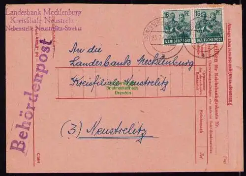 B18221 Neustrelitz  Brief  23.7.47 1947  Mi. 2x 949 MeF Behördenpost Brief