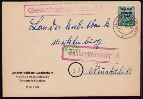 B18218 Friedland Meckl. Brief  12.4.49 1949 SBZ Geschäftspapiere Zahlungsverkehr