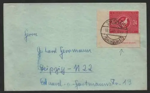 B-14528 SBZ 232 Brief mit DV Druckvermerk Bogenecke Zwickau 18.5.49 nach Leipzig