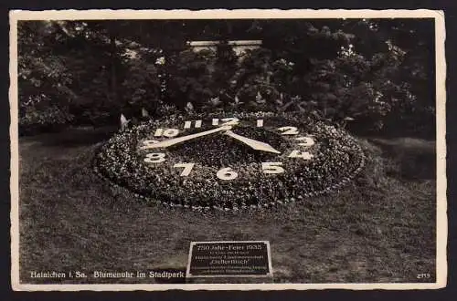 52759 Ansichtskarte Hainichen Sa. Blumenuhr im Stadtpark 1937 Gellerttisch