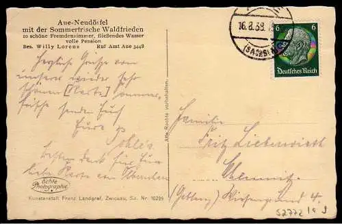 52772 Ansichtskarte Aue Neudörfel Erzgebirge 1938 Sommerfrische Gasthaus Waldfrieden