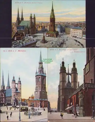 171645 3 AK Halle a. S. Marktplatz mit den 5 Türmen um 1910 Rolandsfigur Roten