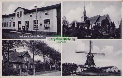 170220 AK Medelby 1938 Kaufhaus Merkel Kirche Windmühle Mole